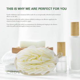 Crovin bath sponge on a bathroom shelf ready for daily cleansing.