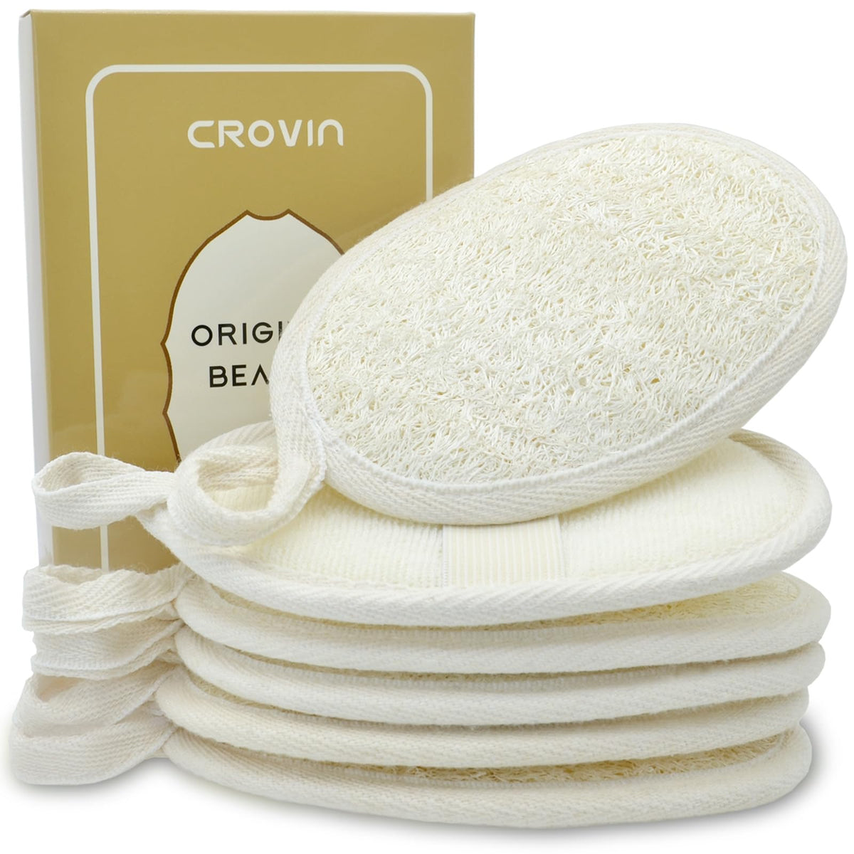 CROVIN natural loofah sponge pack six for gentle shower exfoliation