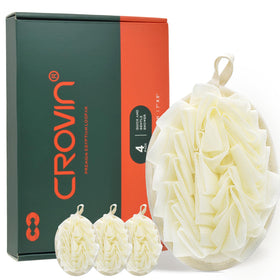 Crovin shower puff four-pack with large exfoliating texture for silky skin.