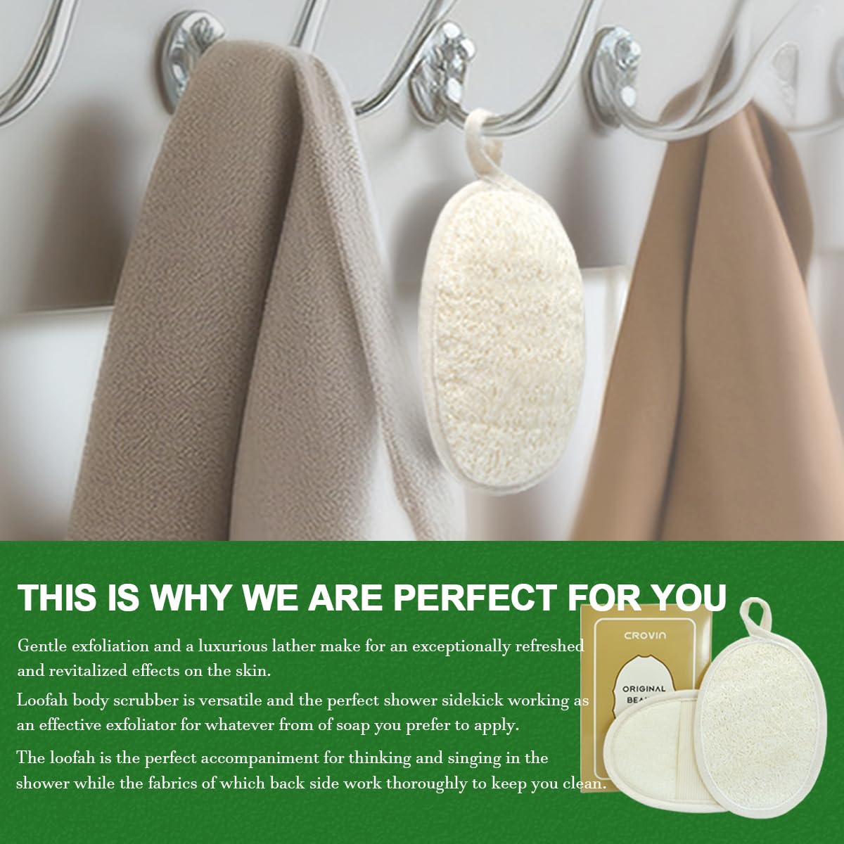 CROVIN soft terry cloth loofah delivers gentle foaming during showers