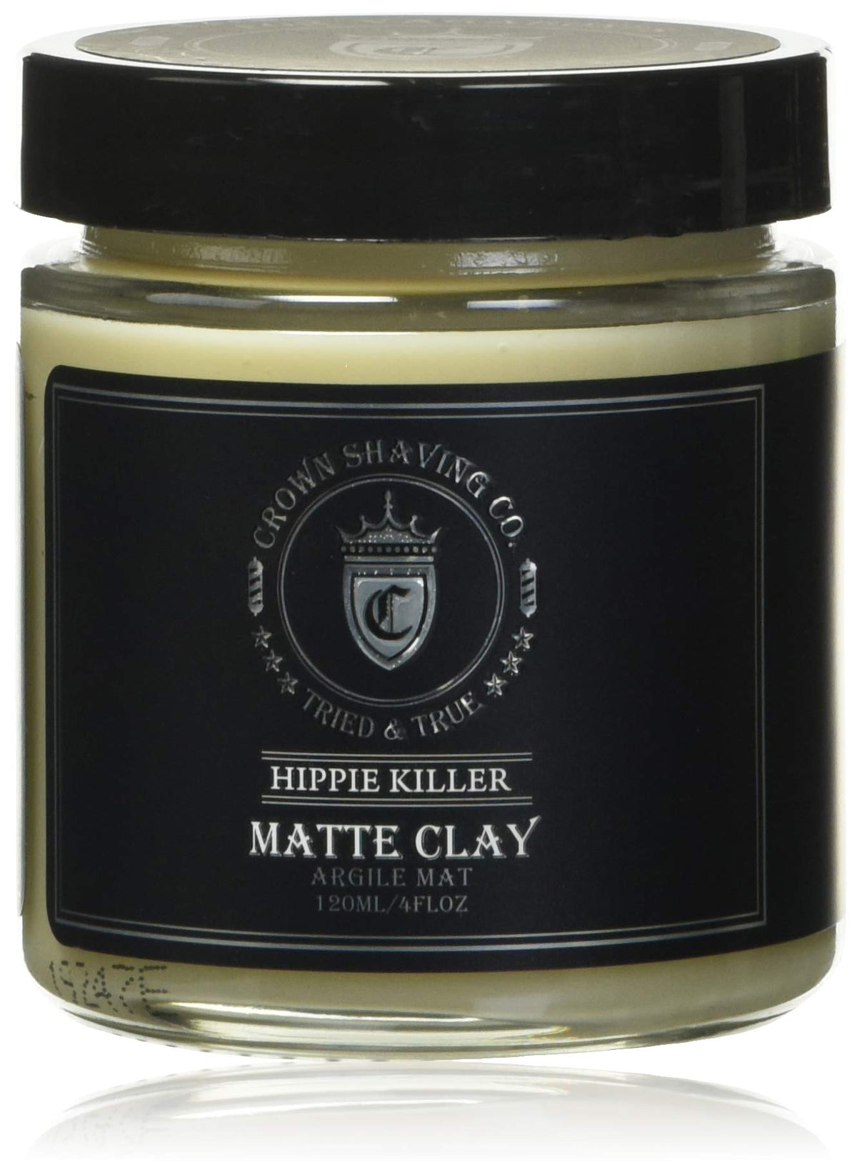 Crown Shaving Hippie Killer matte styling clay jar boosts texture and pliability.