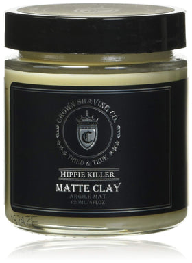 Crown Shaving Hippie Killer matte styling clay jar boosts texture and pliability.
