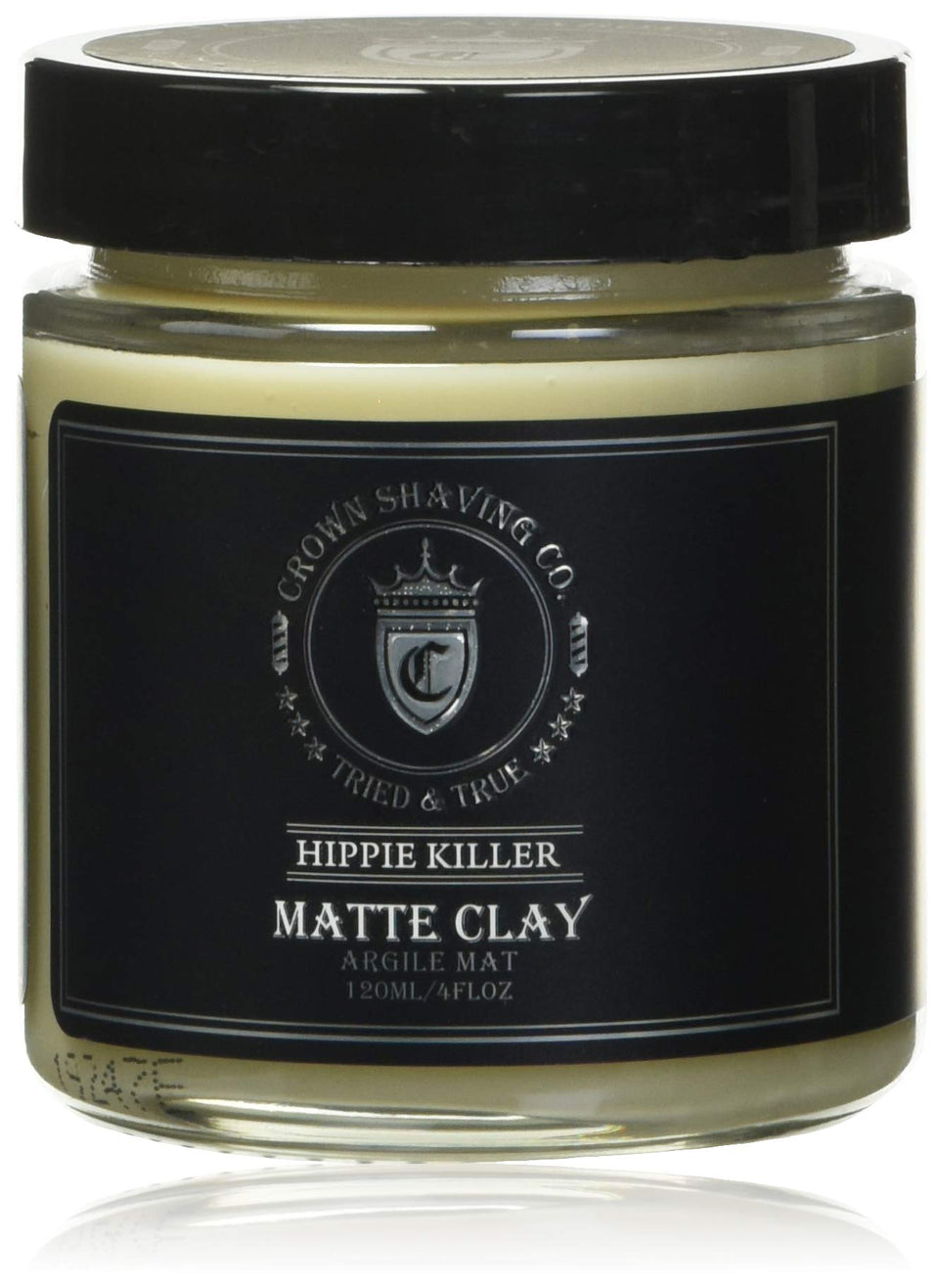 Crown Shaving Hippie Killer matte styling clay jar boosts texture and pliability.