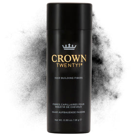 CROWN TWENTY1 Hair Building Fibers packaging shows 28g bottle for quick thinning hair coverage.