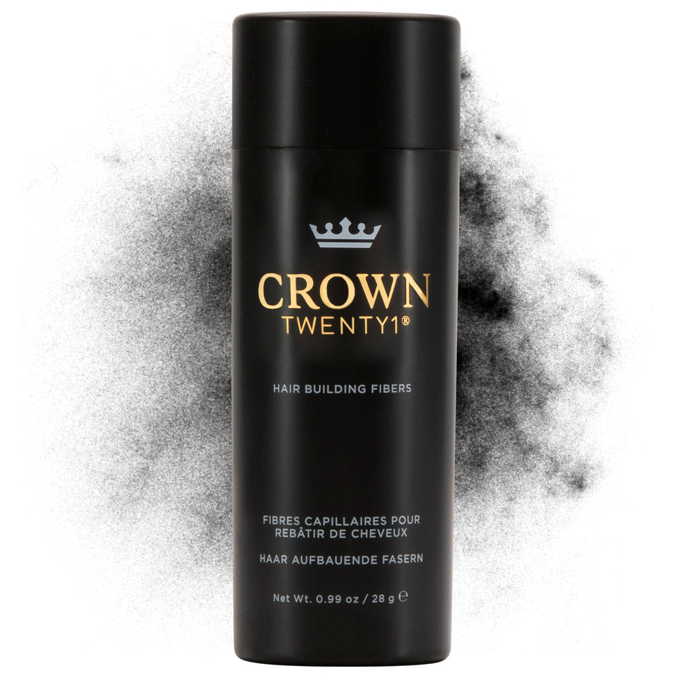 CROWN TWENTY1 Hair Building Fibers packaging shows 28g bottle for quick thinning hair coverage.