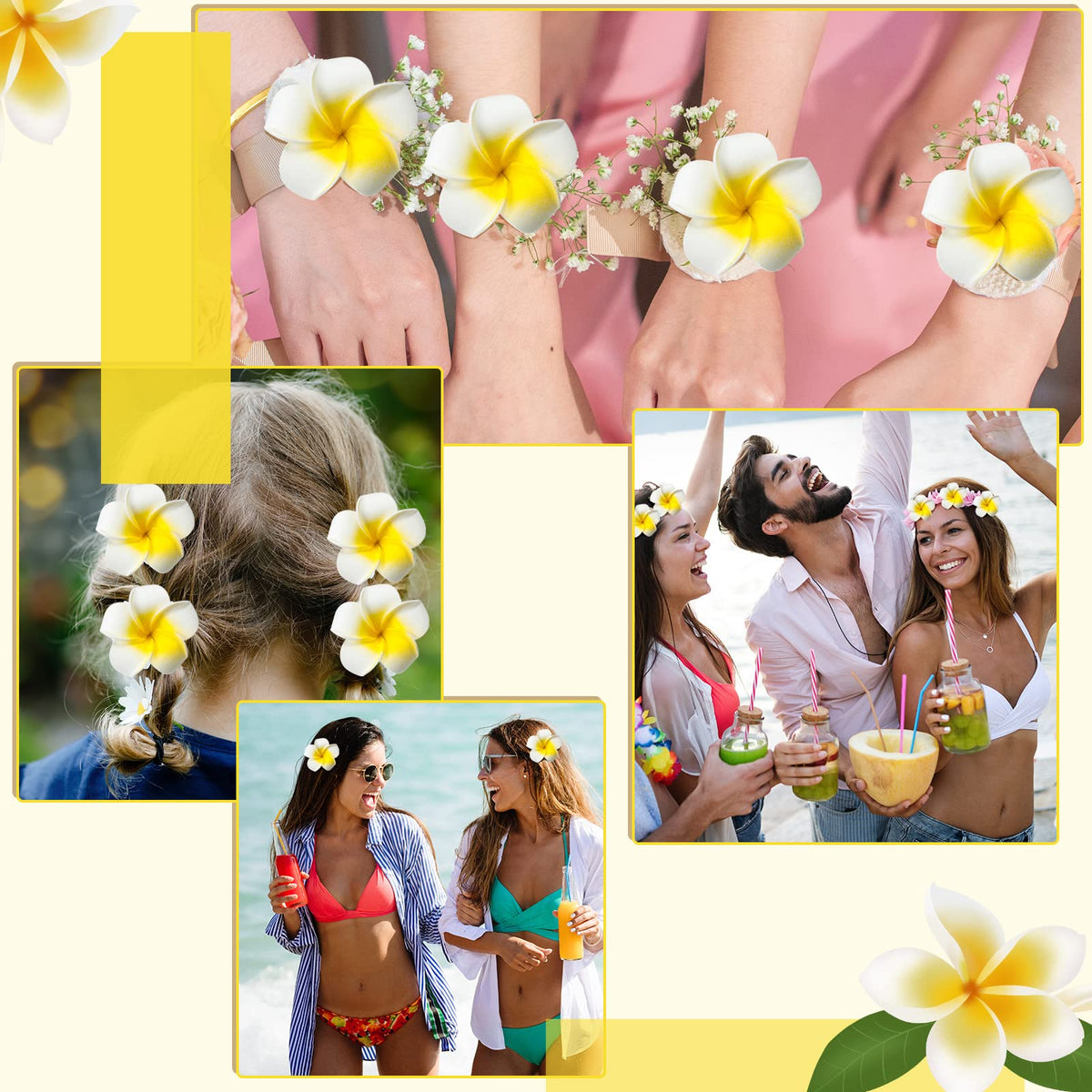 Crowye plumeria hair clip worn in hair for chic party style and events