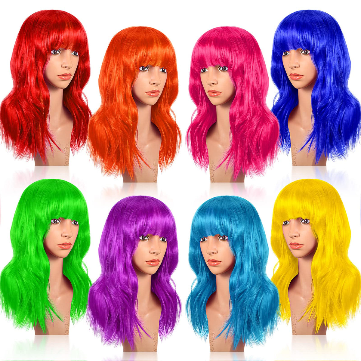 Crowye rainbow wig pack with shoulder-length curls for cosplay and parties.