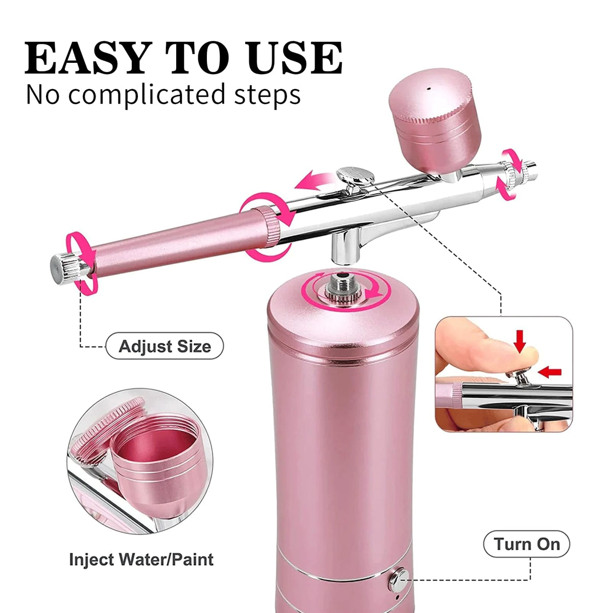 Crpen air compressor in pink powers precise spraying for nails, cosmetics, and light art projects.