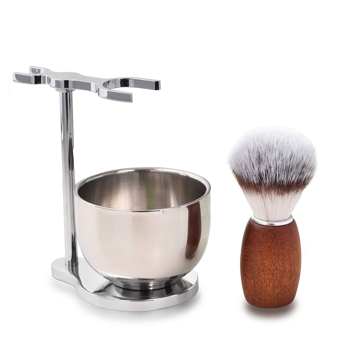 CRUCISRESIN shaving brush stand highlights durable stainless steel and weighted base.