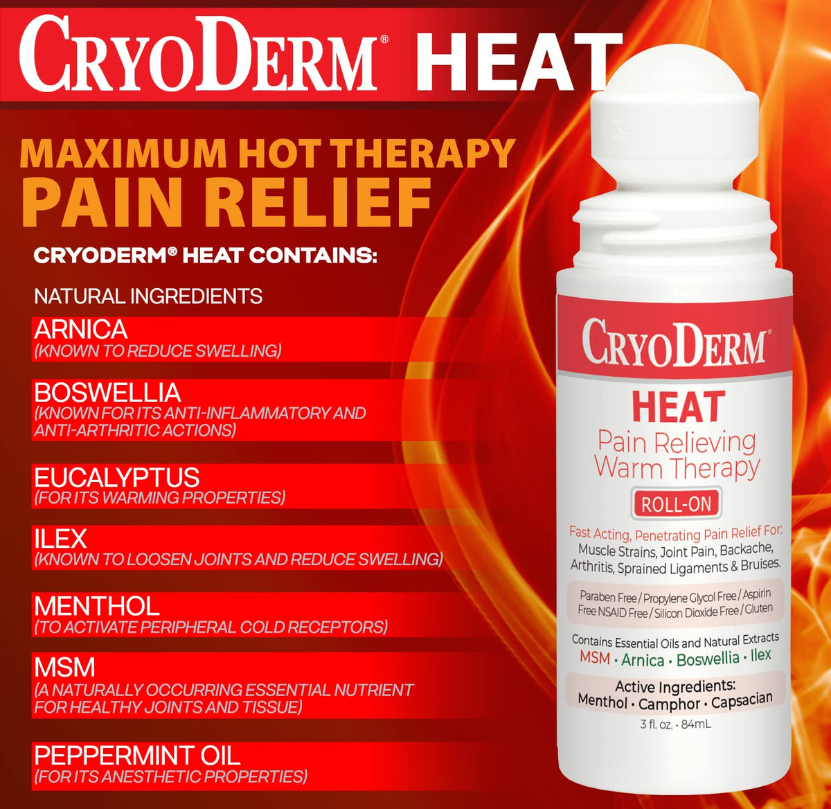 CryoDerm Heat Lotion 3 oz bottle and cap close-up for travel-friendly size