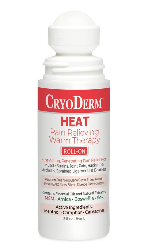CryoDerm Heat Lotion roll-on bottle close-up showing portable warm formulation for muscles