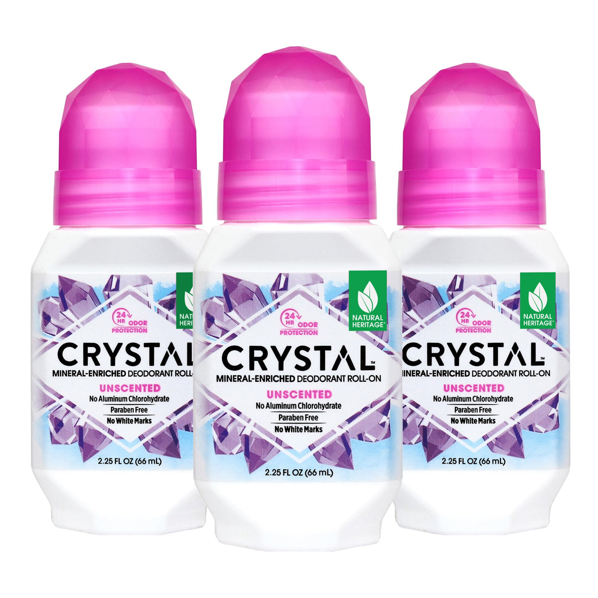 Crystal Essence unscented roll-on deodorant bottle in 3-pack for all-day freshness.