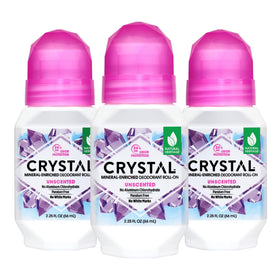 Crystal Essence unscented roll-on deodorant bottle in 3-pack for all-day freshness.