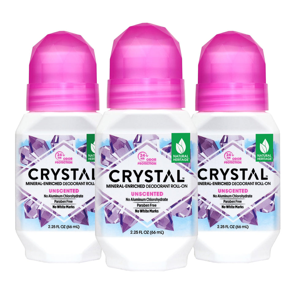 Crystal Essence unscented roll-on deodorant bottle in 3-pack for all-day freshness.