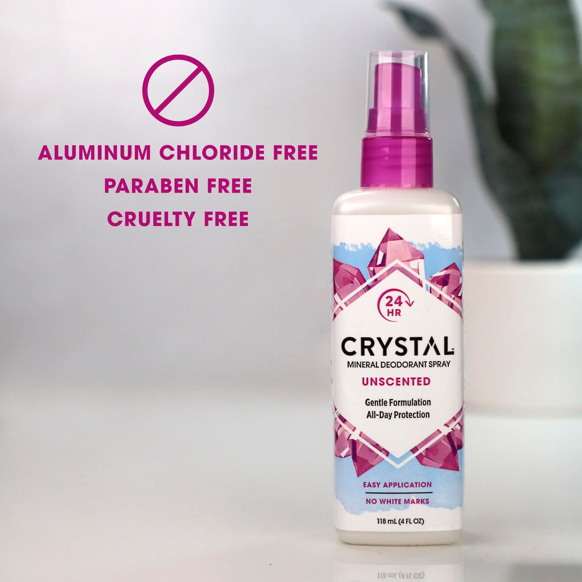 Crystal Essence mineral deodorant spray leaves no white marks on clothing.