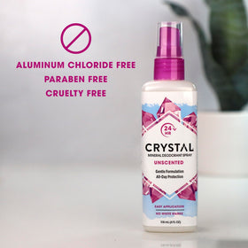 Crystal Essence mineral deodorant spray leaves no white marks on clothing.