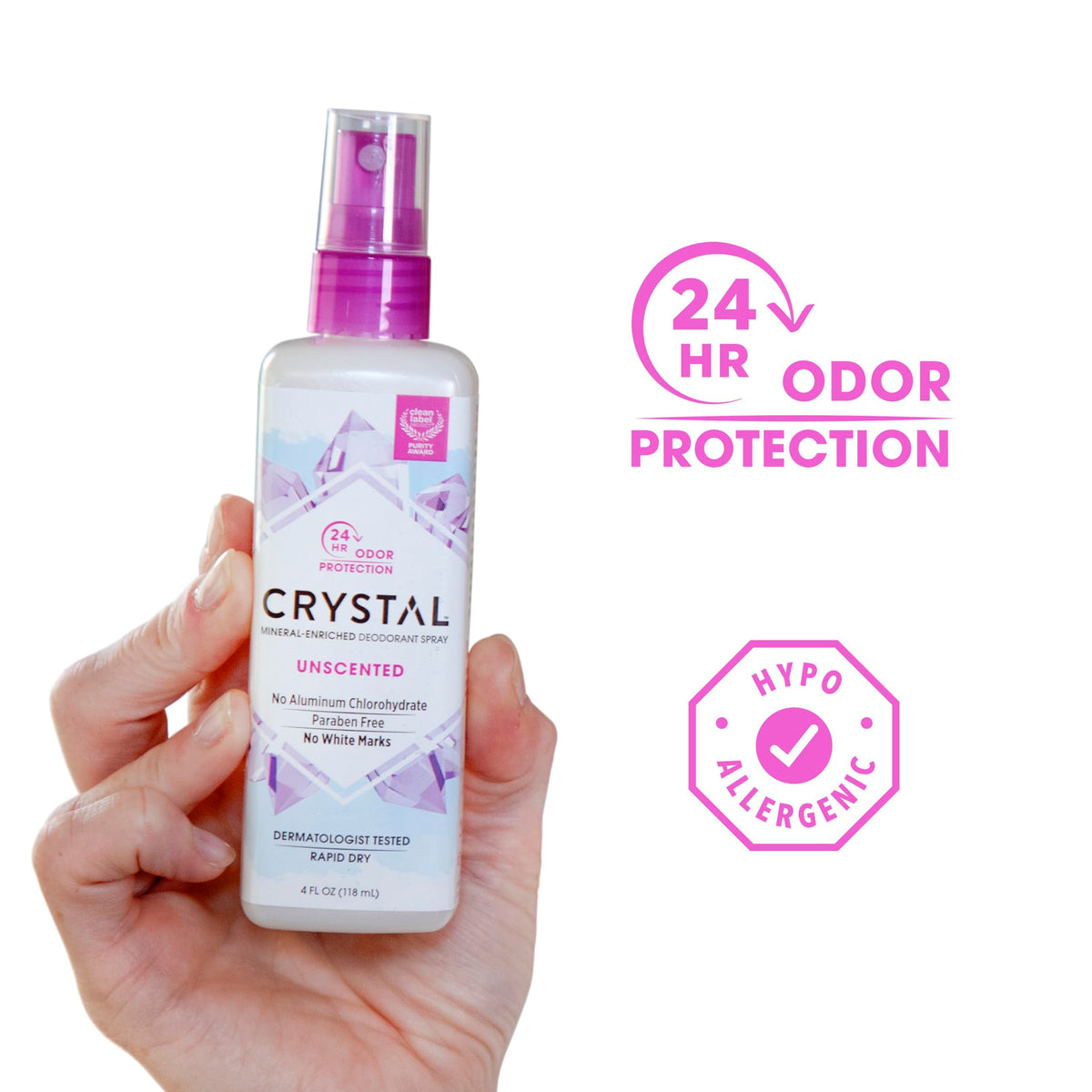 Crystal Essence mineral deodorant spray unscented application prevents odor without residue.