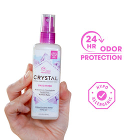 Crystal Essence mineral deodorant spray unscented application prevents odor without residue.