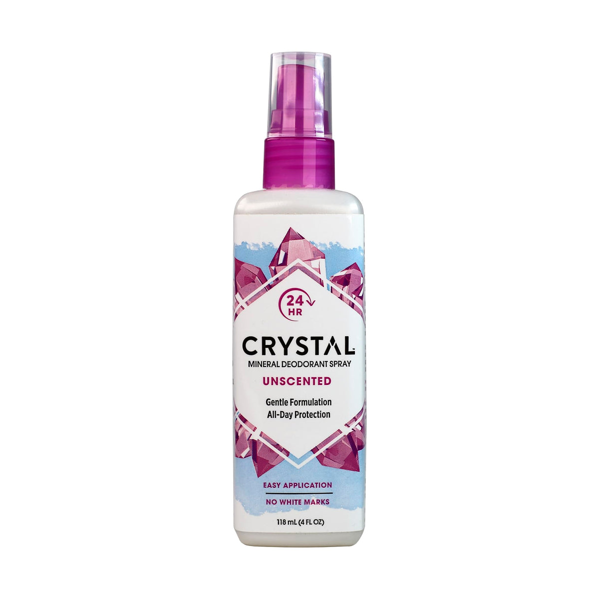 Crystal Essence mineral deodorant spray unscented bottle delivers 24-hour odor protection.