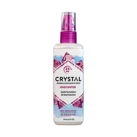 Crystal Essence mineral deodorant spray unscented bottle delivers 24-hour odor protection.