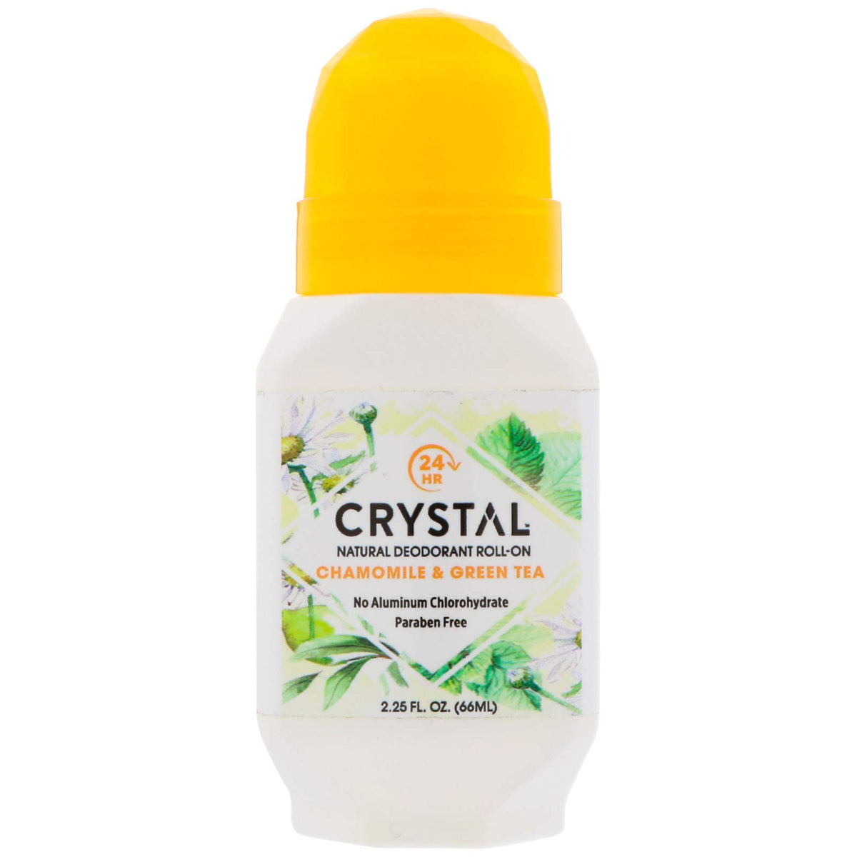 Crystal Essence mineral deodorant roll-on chamomile green tea bottle offering gentle odor control.