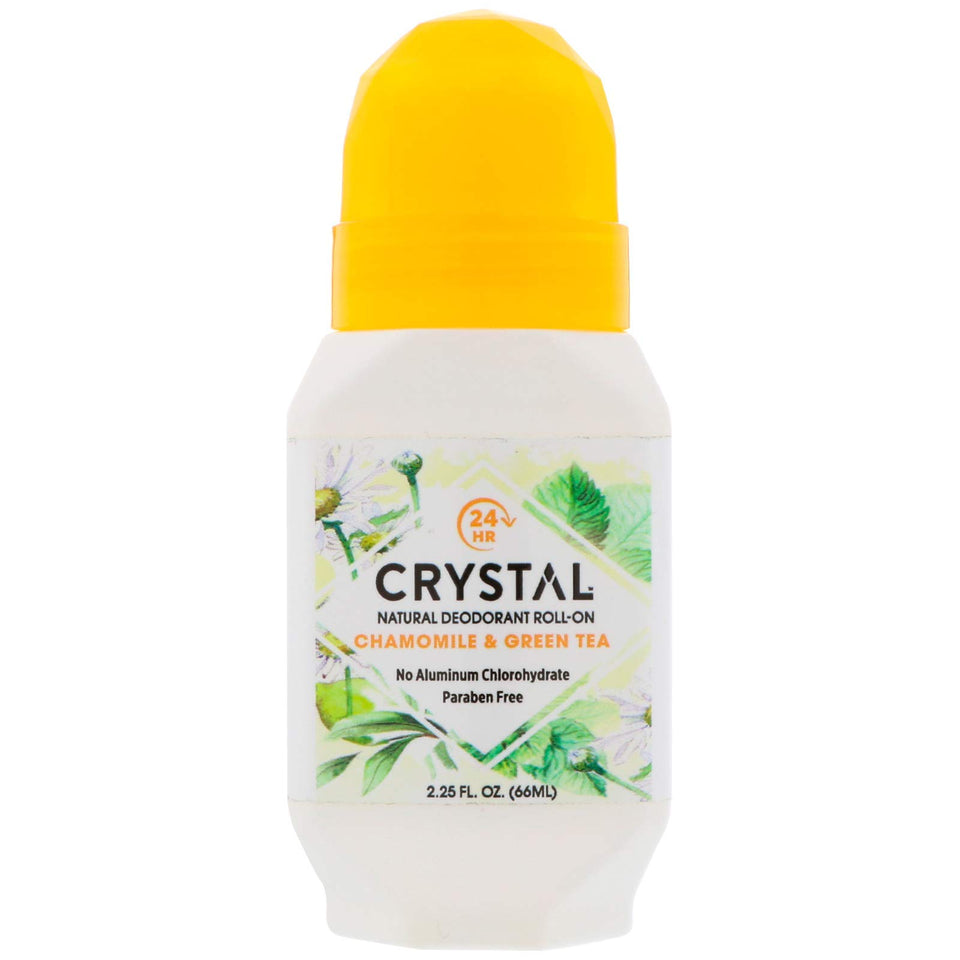 Crystal Essence mineral deodorant roll-on chamomile green tea bottle offering gentle odor control.