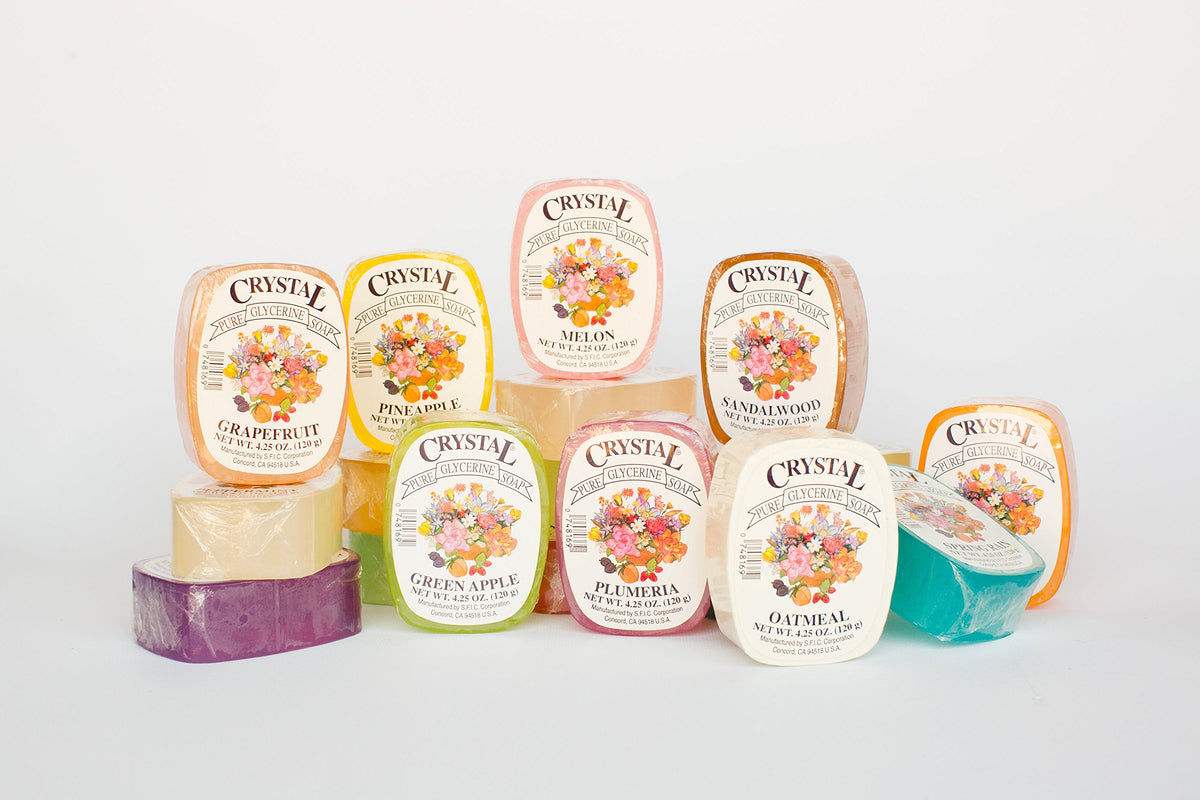 Crystal Glycerine Soap assortment showing 24 fragrance options for daily care