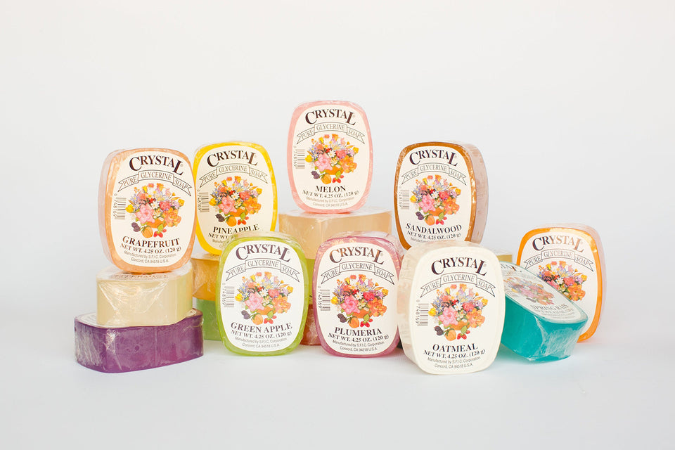 Crystal Glycerine Soap assortment showing 24 fragrance options for daily care