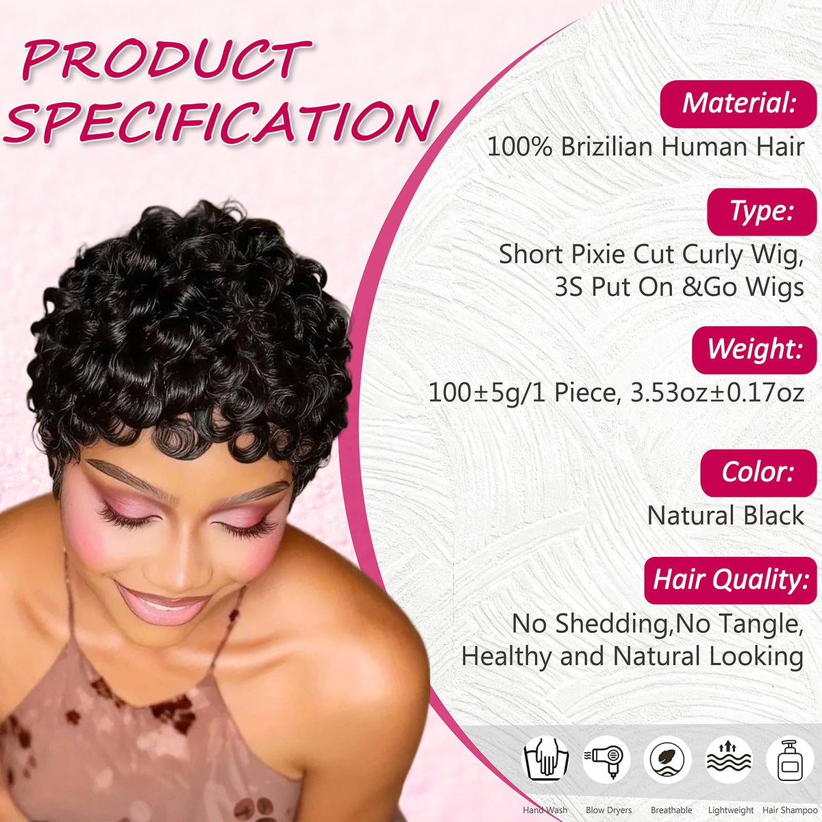 CRYSTALHAIR Brazilian virgin human hair pixie wig for a natural look.