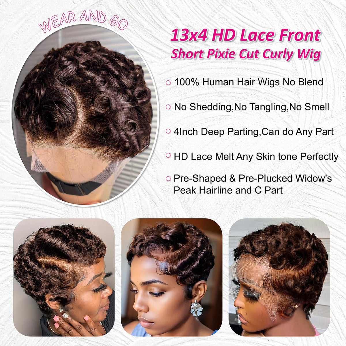 CrystalHair pixie wig side view shows layered curls for daily versatility.