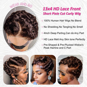 CrystalHair pixie wig side view shows layered curls for daily versatility.