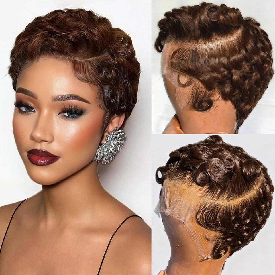 CrystalHair brown short curly pixie wig 13x4 HD lace front for natural parting.