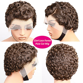 CrystalHair chocolate brown pixie wig adds depth and realism.