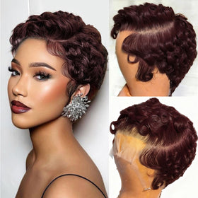 CRYSTALHAIR dark auburn burgundy curly pixie wig close-up texture and shine
