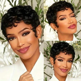 CRYSTALHAIR short curly pixie wig with bangs for easy daily styling.