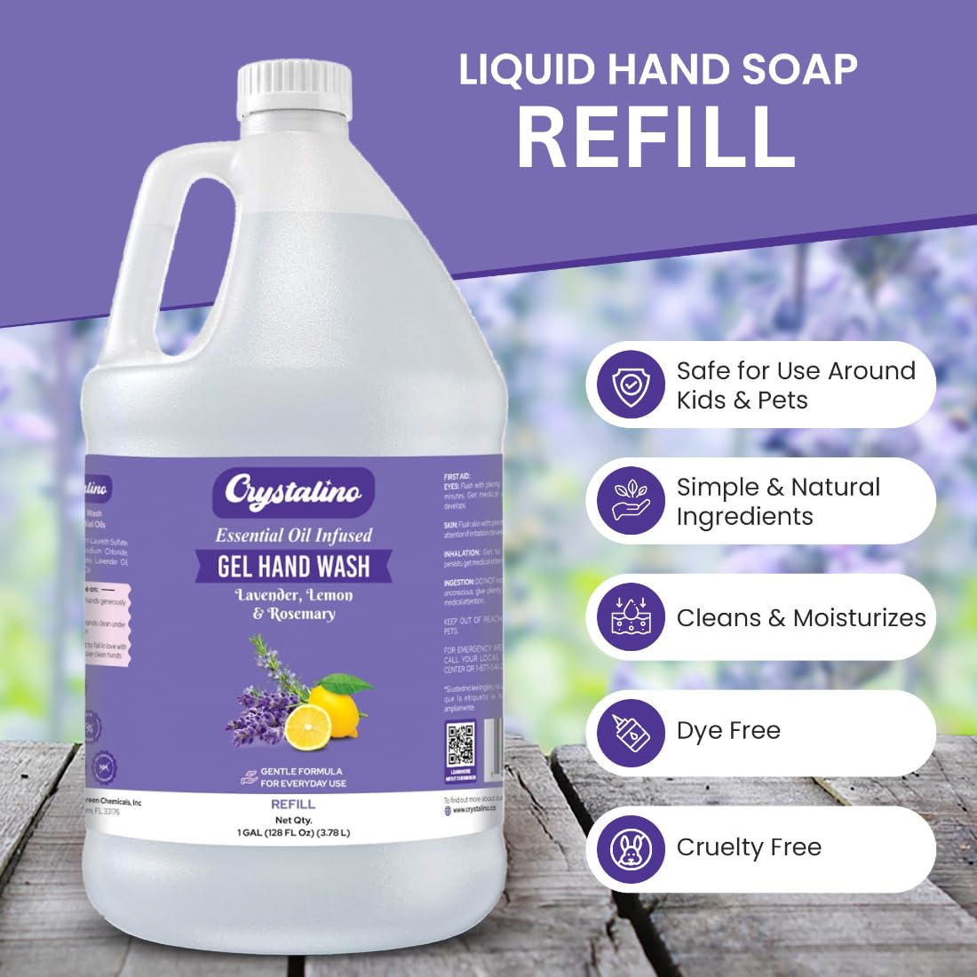 Crystalino Lavender label close-up reveals natural fragrance and dye-free formula