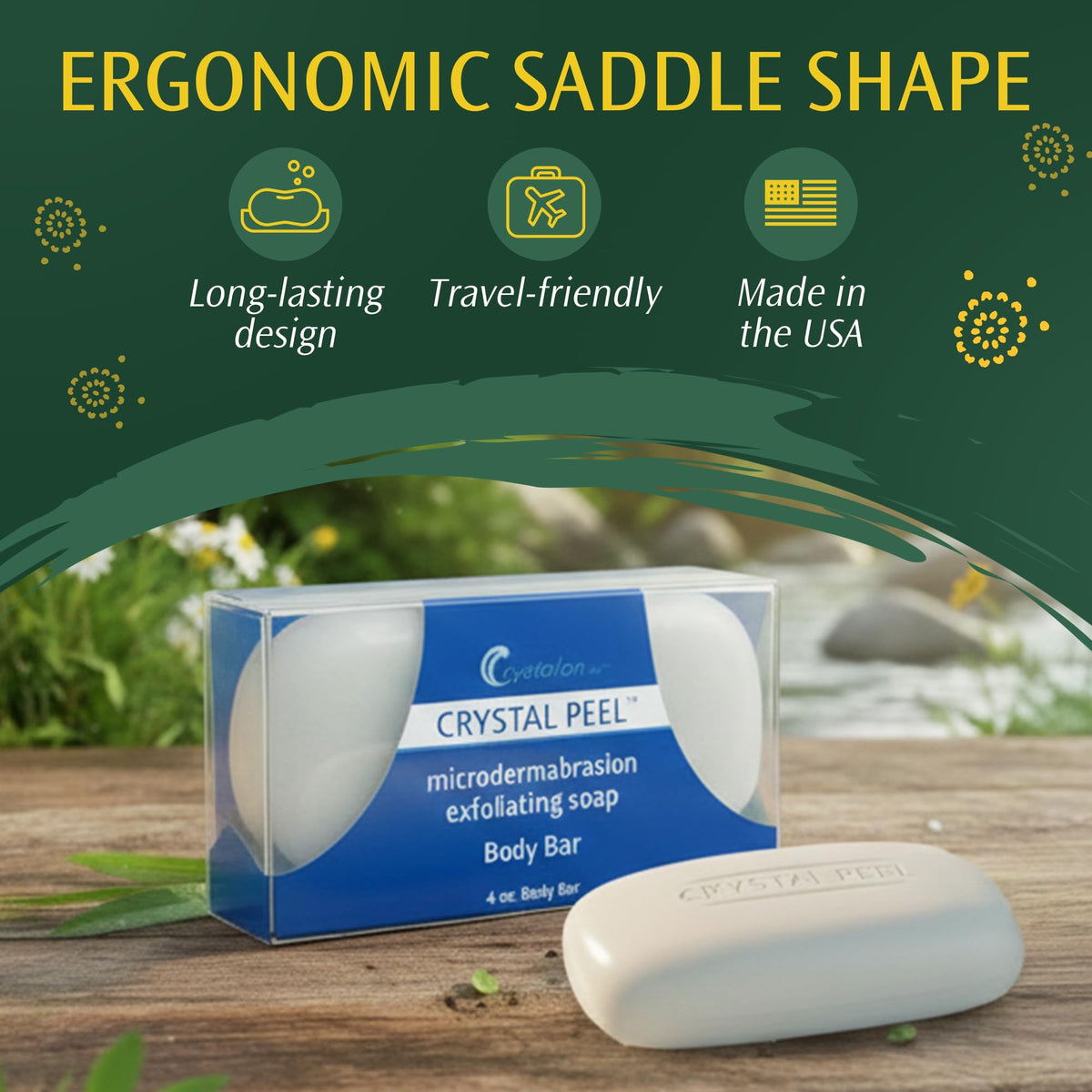 Crystalon Crystal Peel packaging box signals premium USA-made body exfoliator.