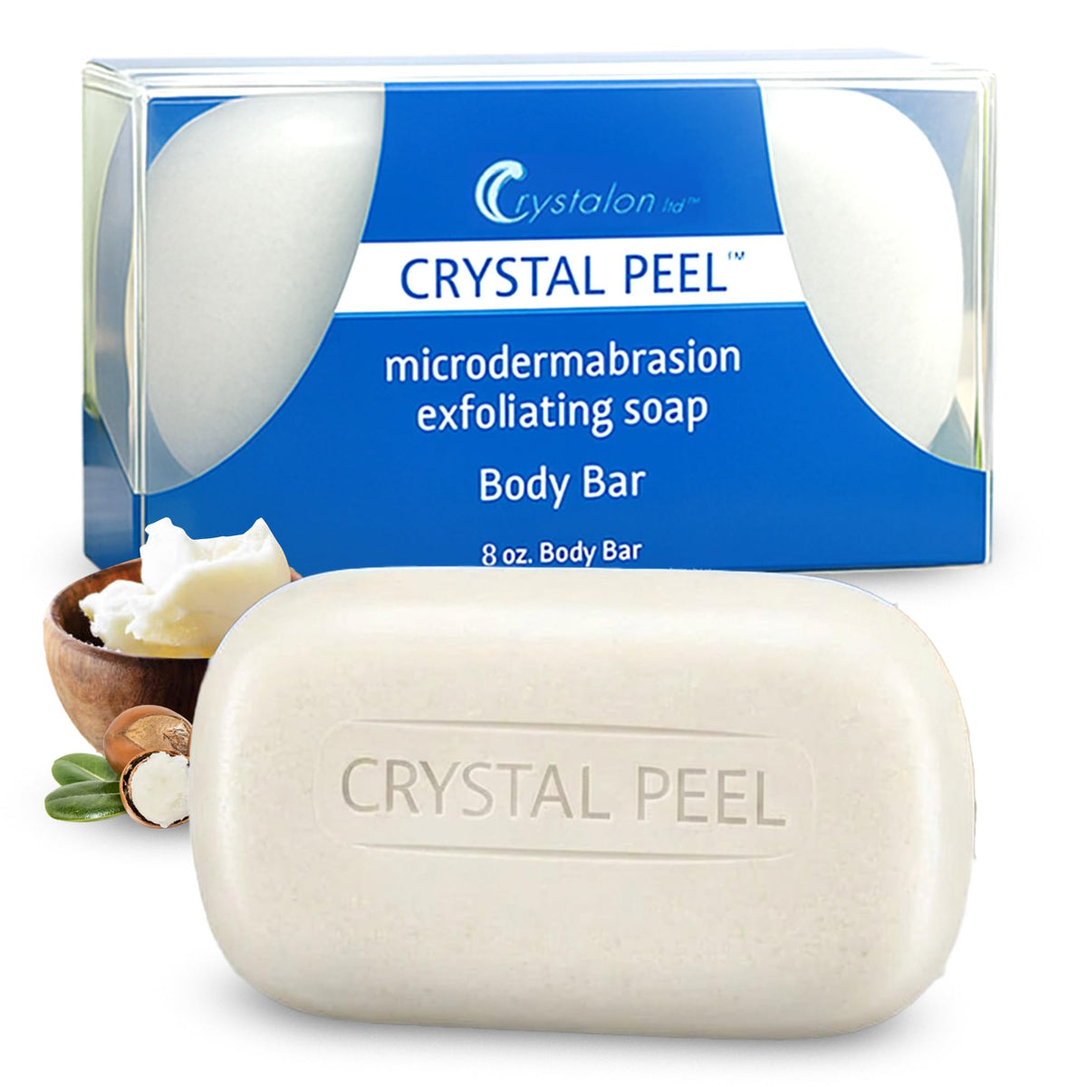 Crystalon Crystal Peel bar in shower closeup showing exfoliating microcrystals for exfoliation