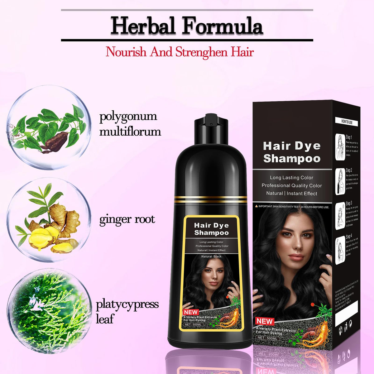 CSFDXD Dark Black Hair Dye Shampoo color result appears on hair shaft.