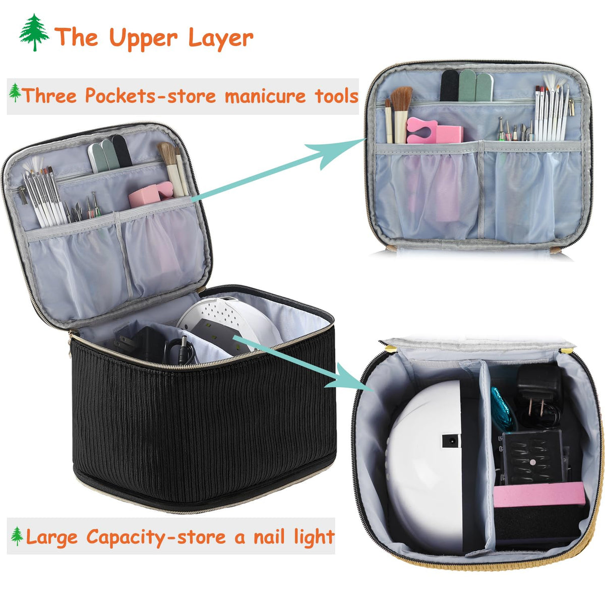CTWWFS corduroy nail polish organizer bottom compartment holds thirty 15ml bottles securely