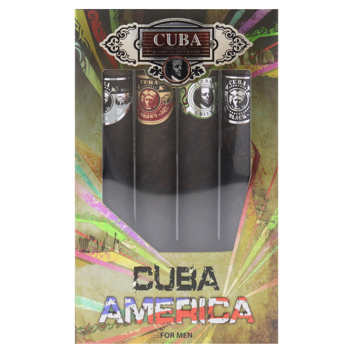 Cuba America packaging box displays premium fragrance collection.