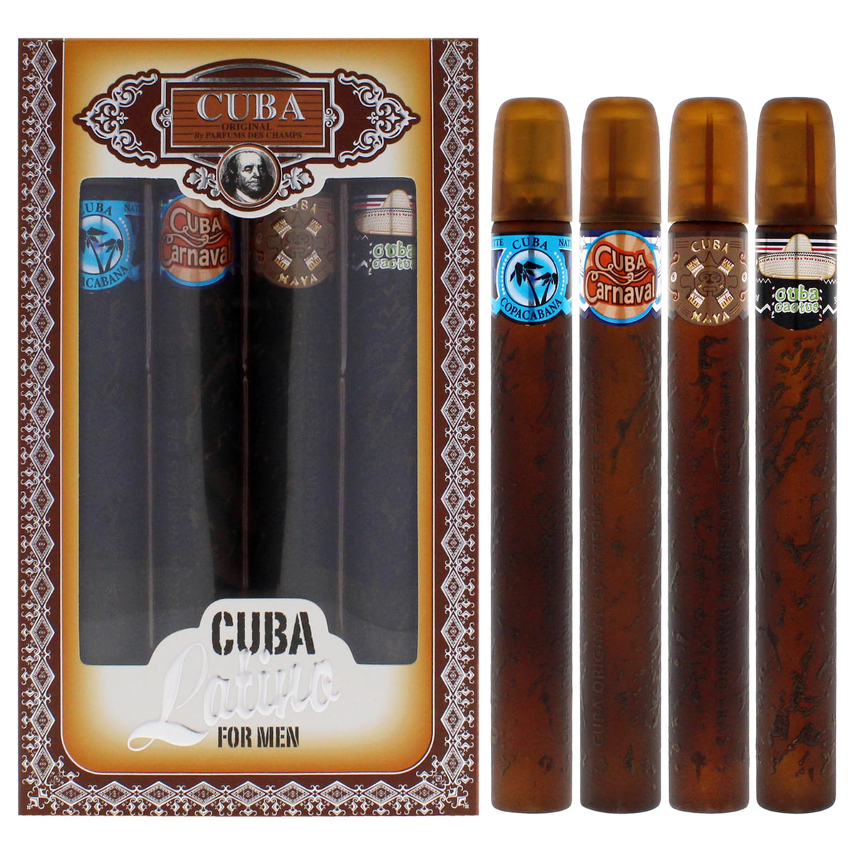 Cuba Latino gift set box front showing four EDTs for men