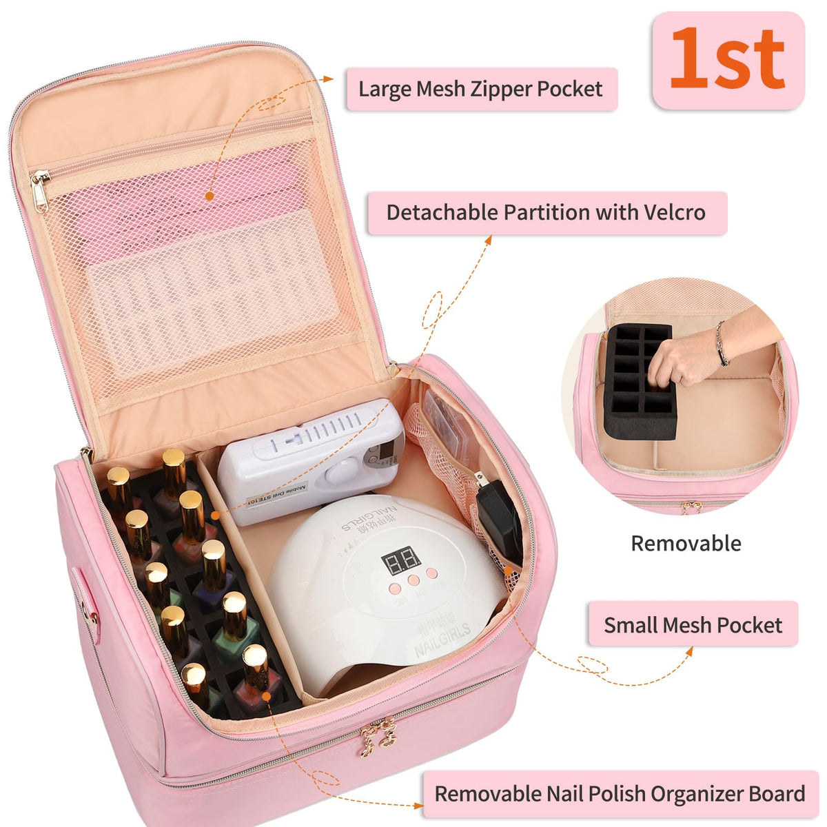 CUBETASTIC double-layer bag in pink organizes bottles and tools efficiently.