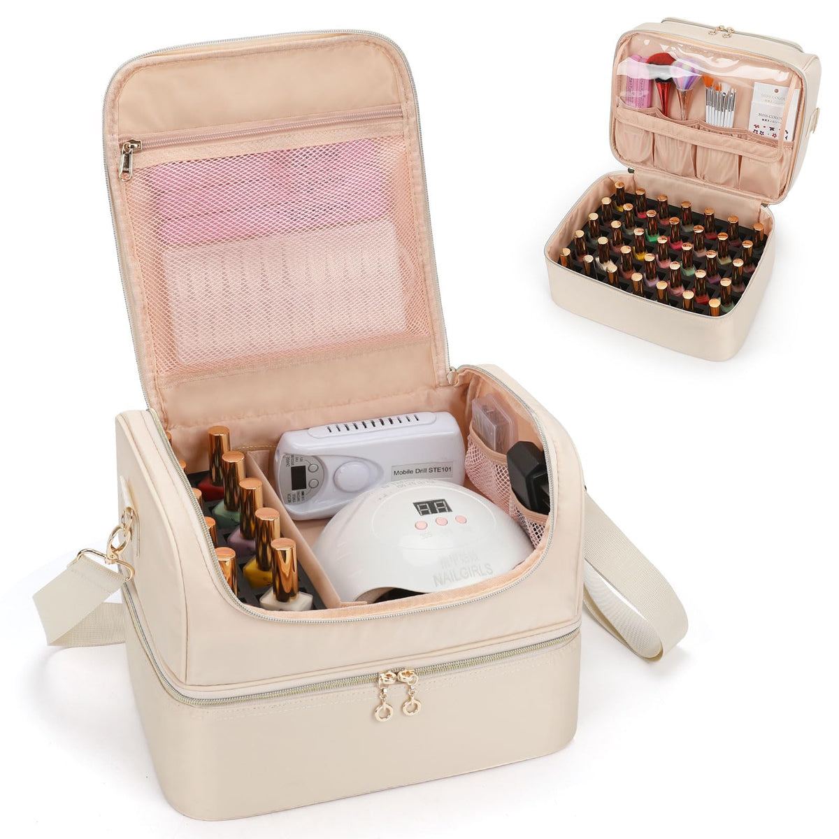 CUBETASTIC Nail Polish Organizer with 45-slot capacity keeps bottles neatly organized for travel.