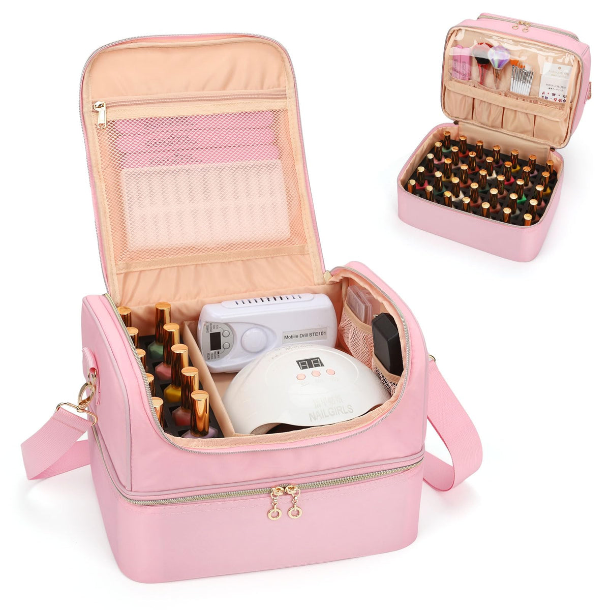 CUBETASTIC pink nail polish organizer case with 45 slots for easy storage.