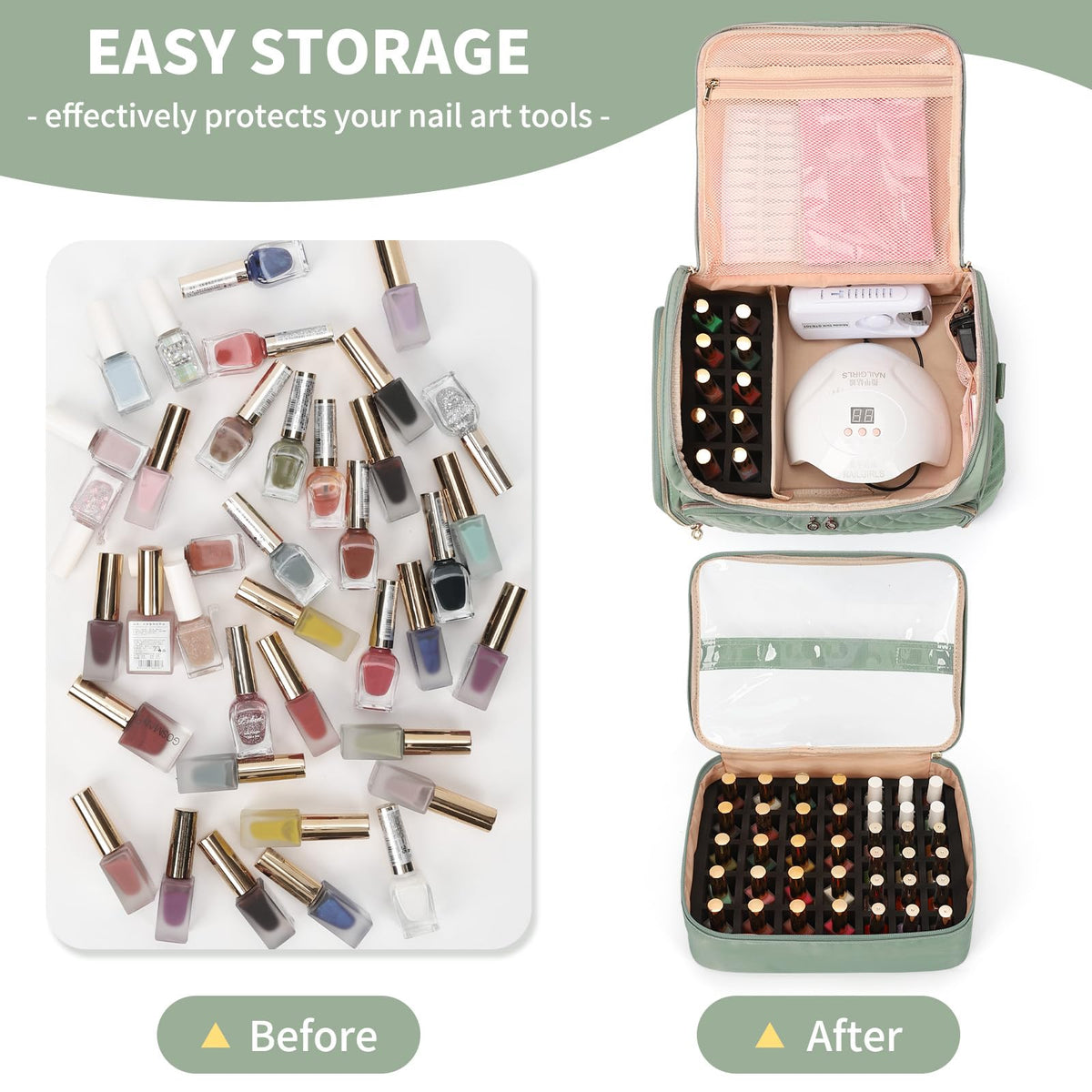 Cubetastic nail tech travel case with two removable pouches for flexible storage.