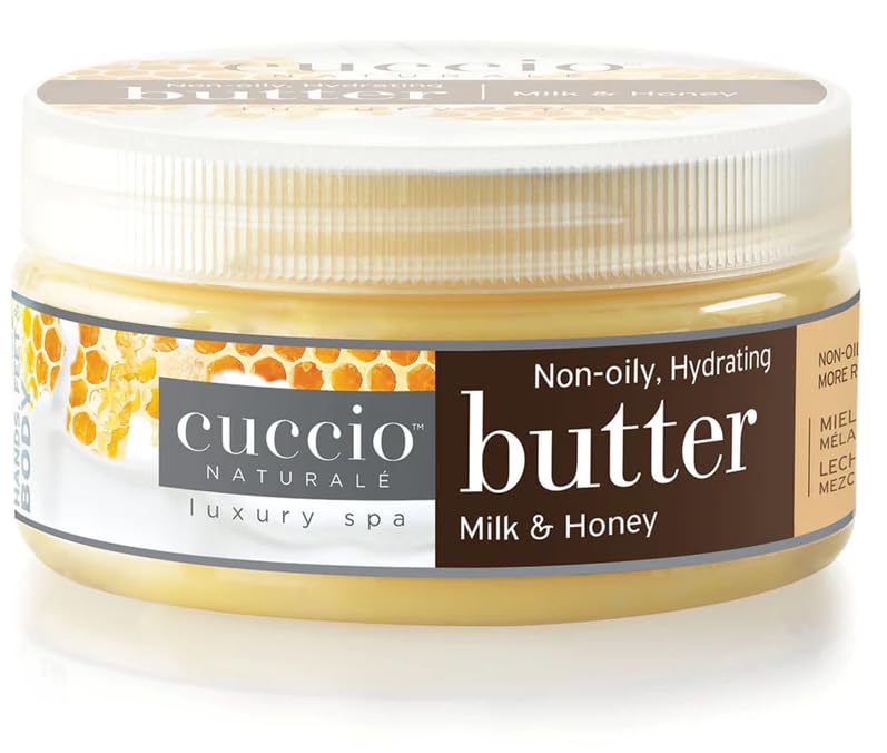 Cuccio Milk and Honey Butter Blend tub delivering rich skin hydration.