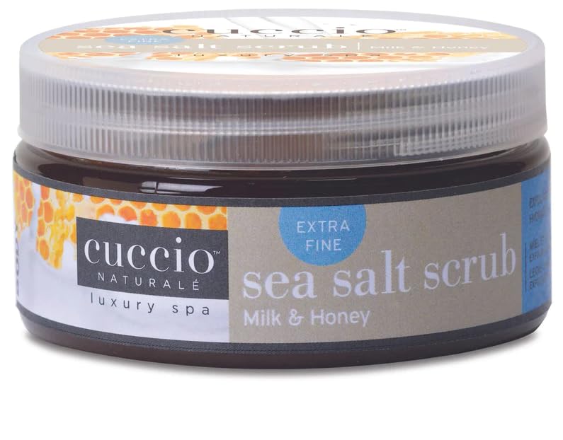 Cuccio Milk and Honey Extra Fine Sea Salt Scrub jar exfoliates softly.