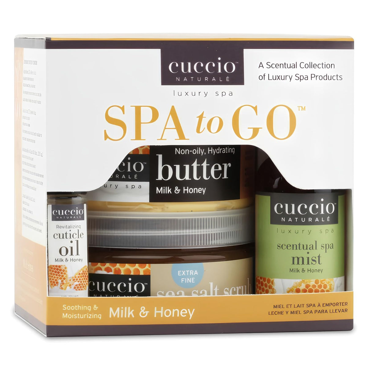 Cuccio Milk and Honey Spa Mist bottle refreshing towels and room ambiance.