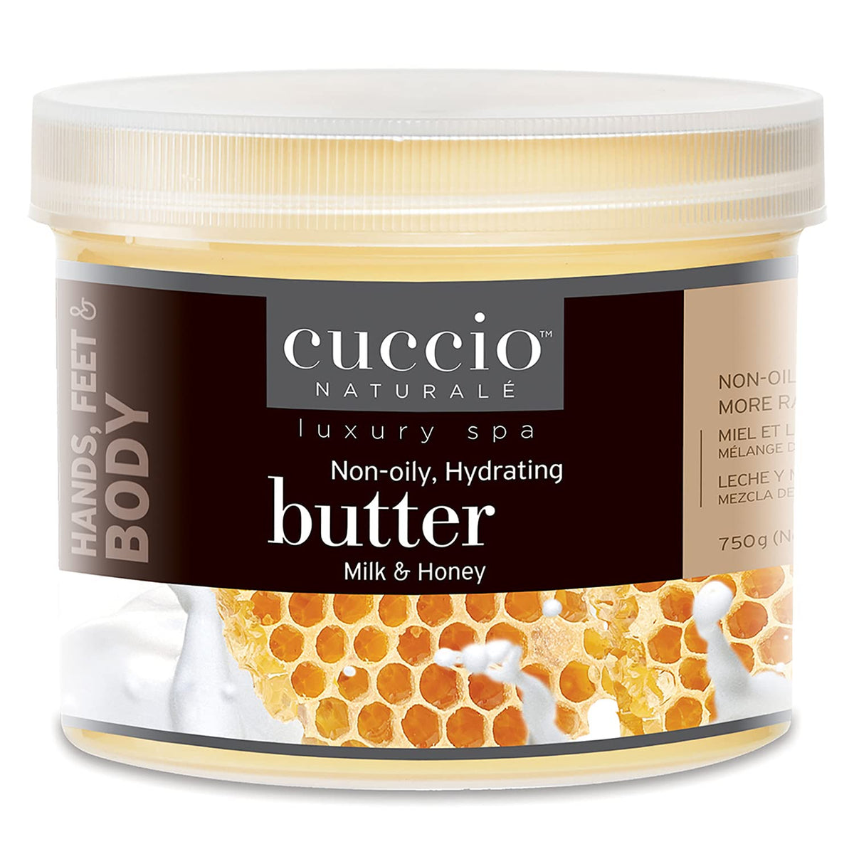 Cuccio Naturale Milk & Honey Butter Blend bottle pour for long-lasting hydration.